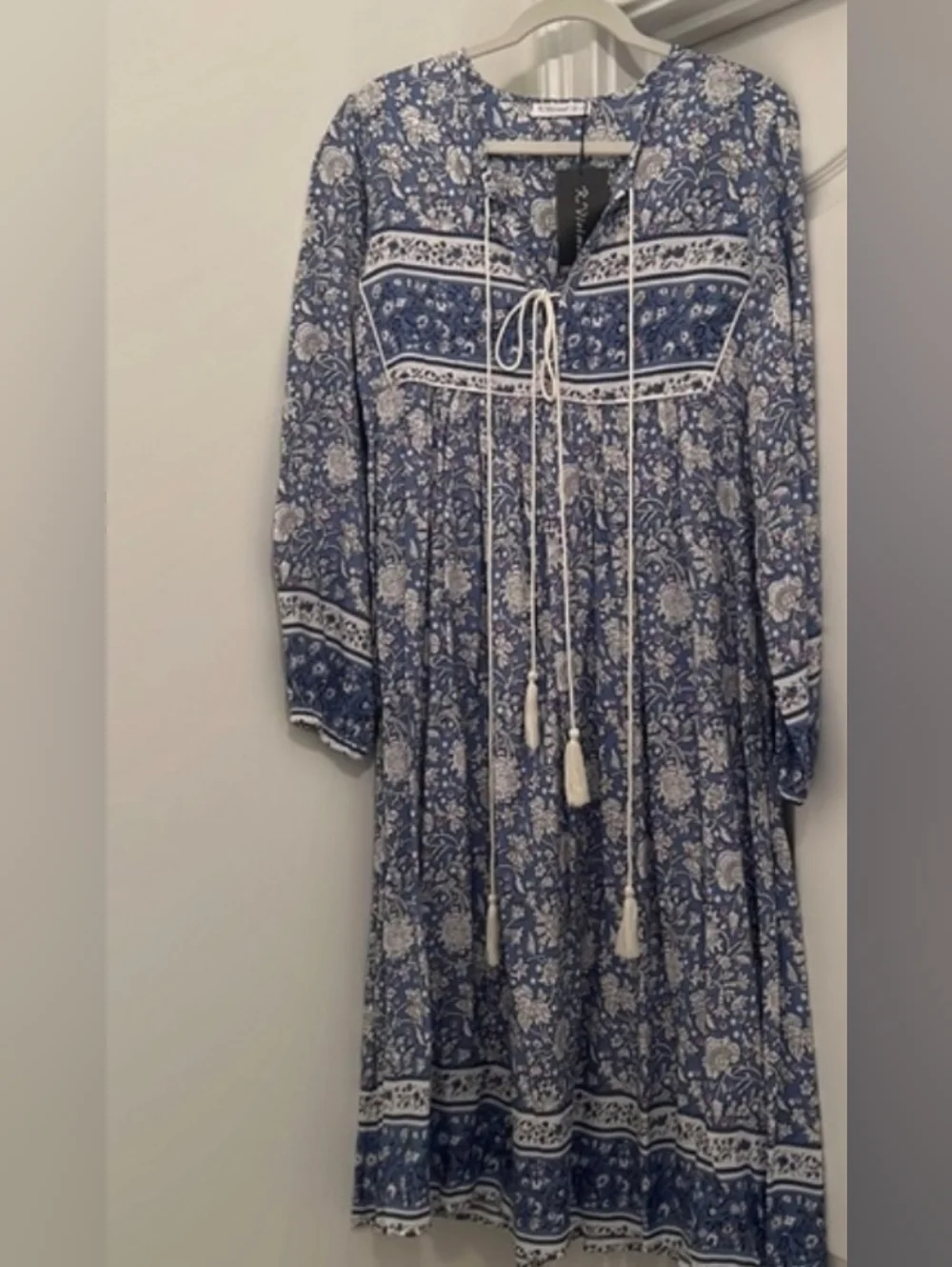 Blue Floral Midi Dress with Tassel Tie - Picture 2 of 15